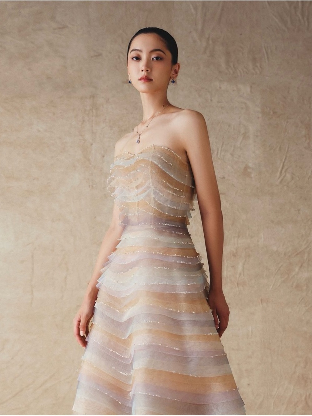 Strapless A-line Pastel Wave-Effect Evening Gown - Picture 2 of 6